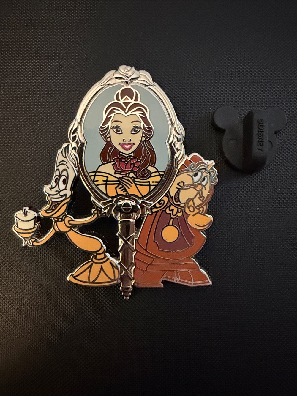 Disney princess Belle Mirror Pin with cogsworth and luminere